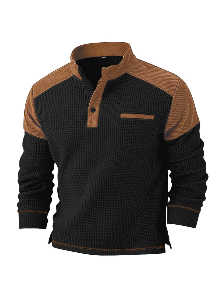 Herren nan Waffelstrick-Henley mit Stehkragen, Cord-Schulterpasse und Brustpaspel Drune