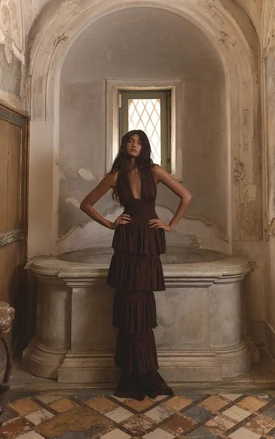 Damen Festliches Maxikleid mit Volantröcken Drune