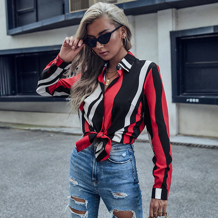 Damen Hemdbluse mit lässigem Knoten und modischem Streifenmuster Drune