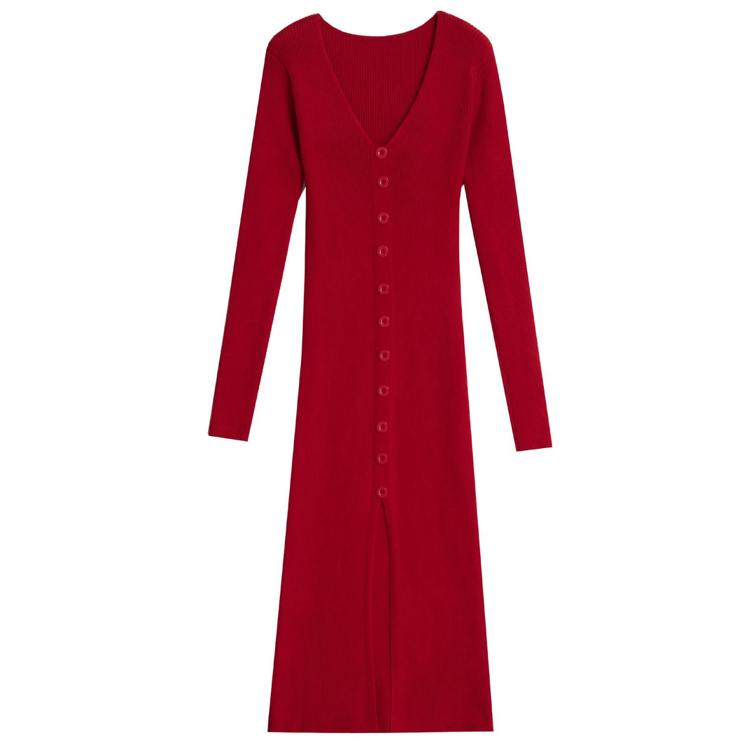 Damen Langärmliges Maxikleid mit Rippstruktur und Knopfdetail Drune