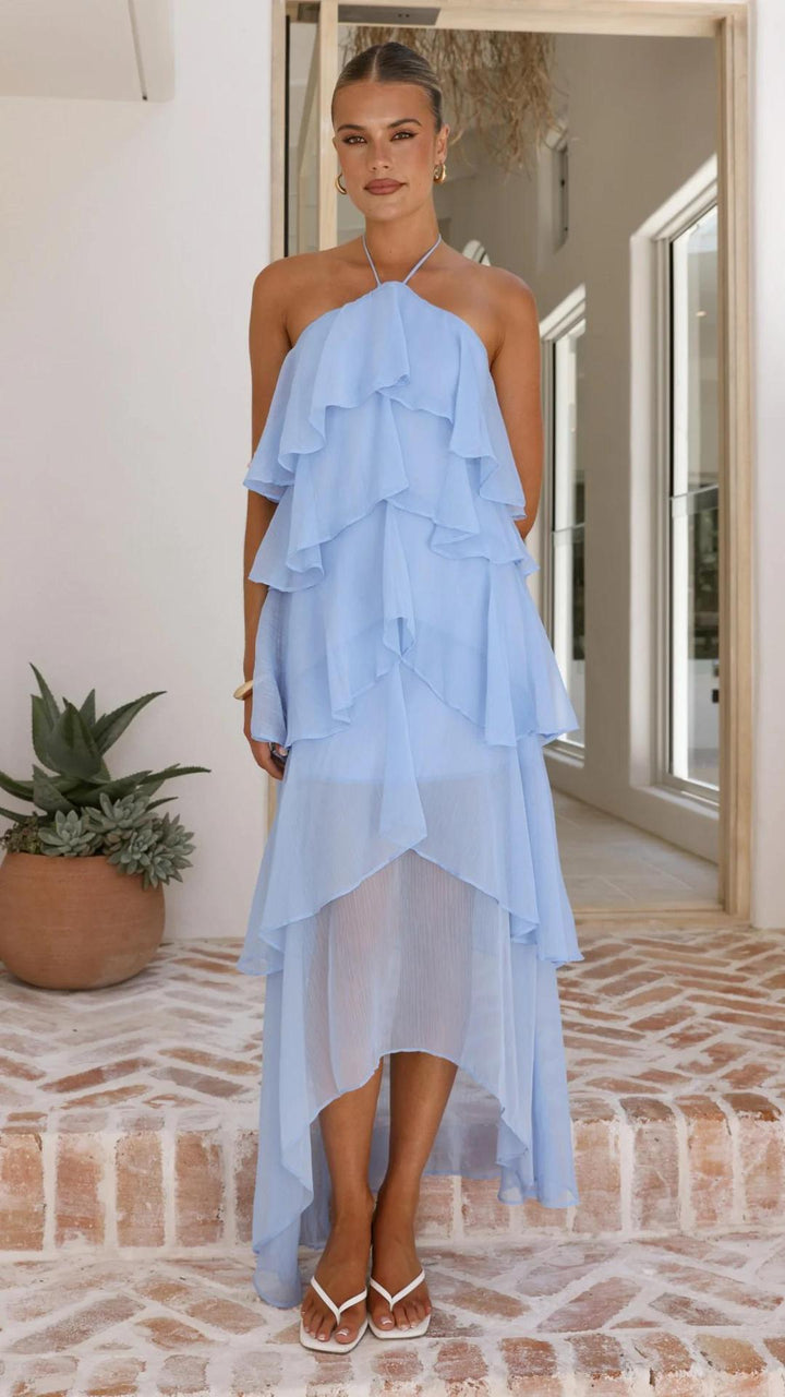 Damen Maxikleid mit elegantem Überwurf und floralen Rüschen Drune