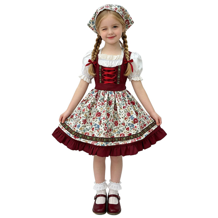 Damen nan traditionelles Kinderdirndl mit Schürze Haarband Spitzenbluse und Zierschnürung Drune