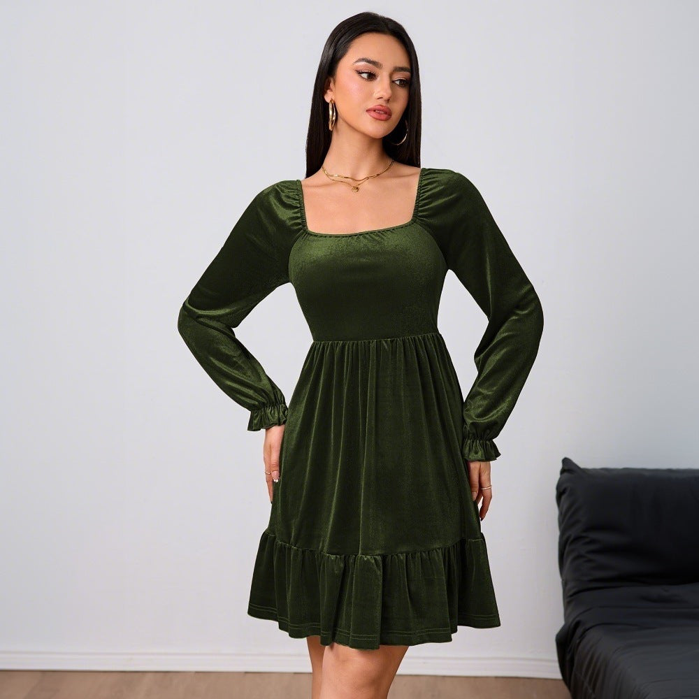 Damen Samt Minikleid mit Volant und geschmackvollen Puffärmeln Drune