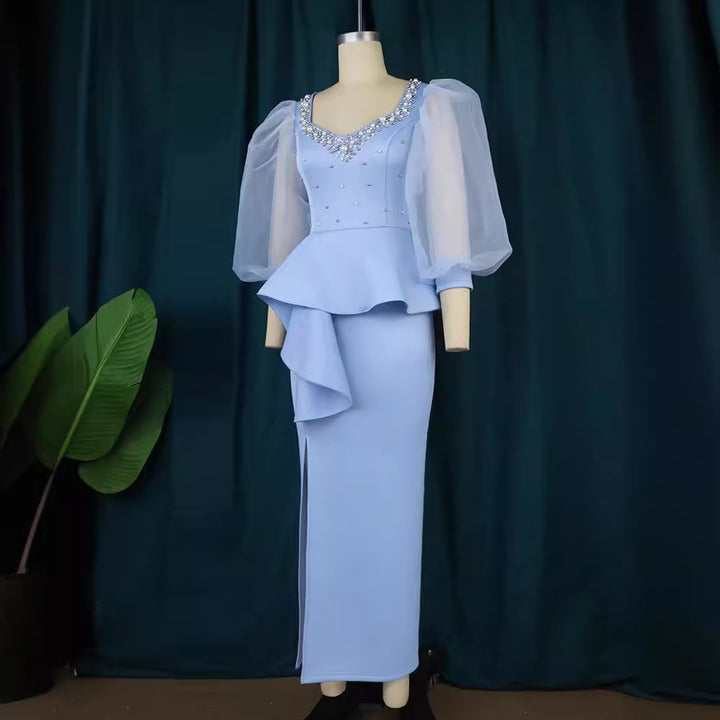Damen Elegantes Abendkleid mit funkelnden Perlen und voluminösen Tüllärmeln Drune