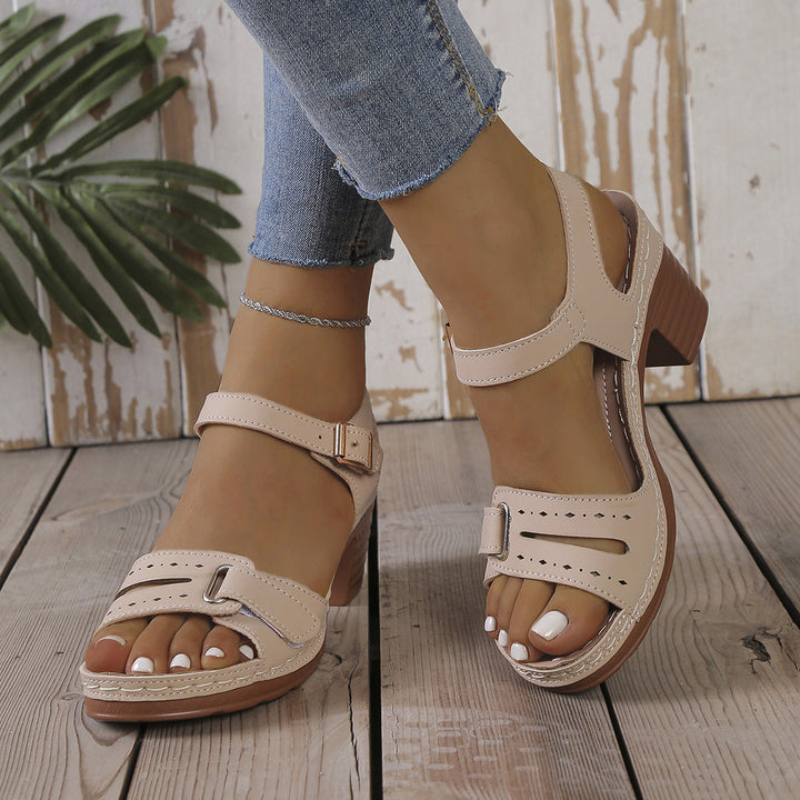 Damen modische Sandaletten mit eleganter Schnalle und Holz-Blockabsatz Drune