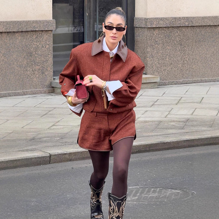 Damen modisches Blazer- und Shorts-Set mit strukturiertem Obermaterial Drune