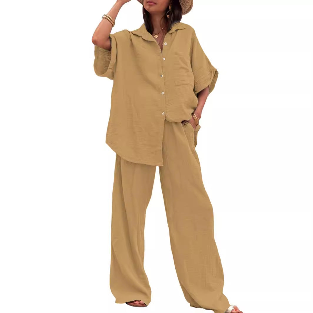 Damen luftiges Oversize-Hemd und weite Hose Set Drune