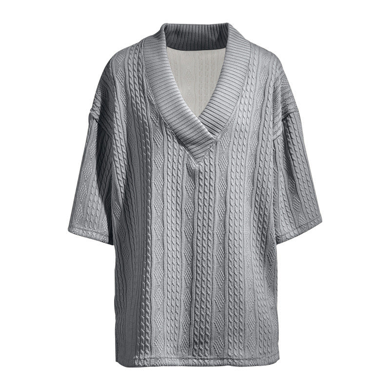 Damen nan Kurzarm-Strickpullover im weiten Schnitt mit tiefem V-Kragen und Zopfmuster Drune