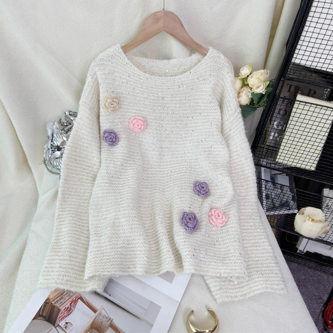 Damen Strickpullover mit floralem 3D-Design Drune