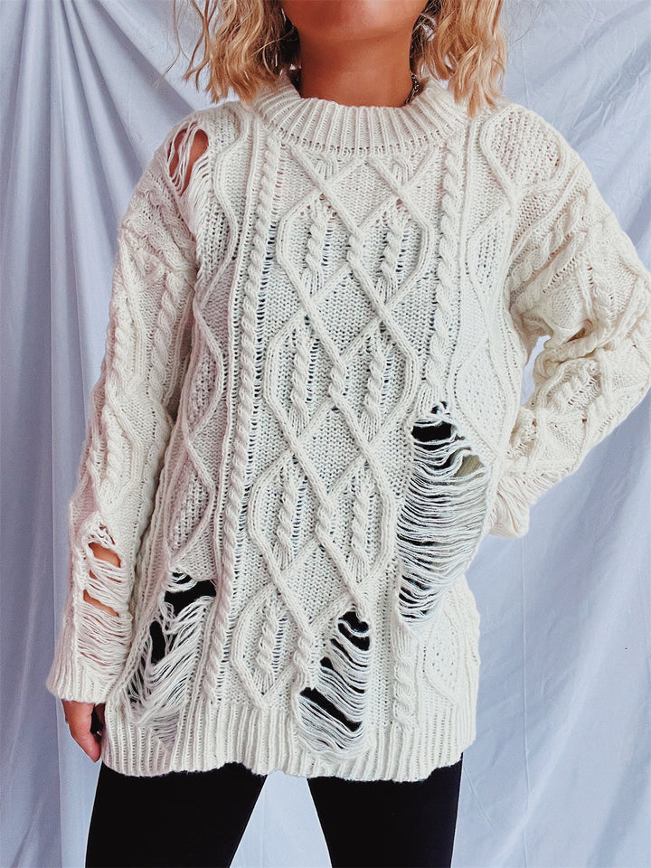 Damen lässiger Oversized-Pullover mit strukturiertem Zopfmuster und Fransen Drune