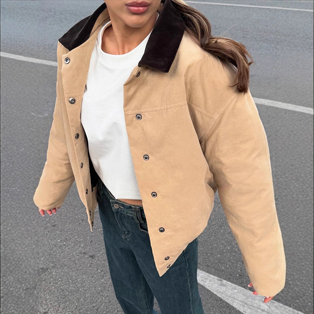 Damen modische Oversized-Jacke mit Samtkragen und Druckknopfverschluss Drune