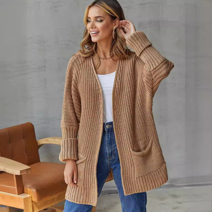 Damen Lange Strickjacke mit lockerer Passform und praktischen Taschen Drune