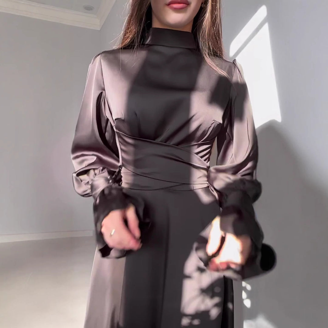 Damen Elegantes Maxikleid mit voluminösen Puffärmeln und hochwertiger Satin-Oberfläche Drune