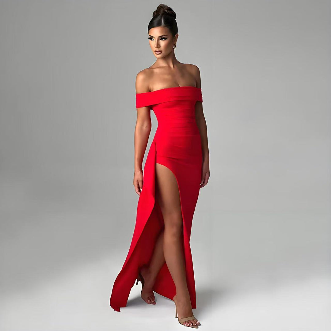 Damen Elegantes Off-Shoulder Maxi-Kleid mit hohem Schlitz Drune