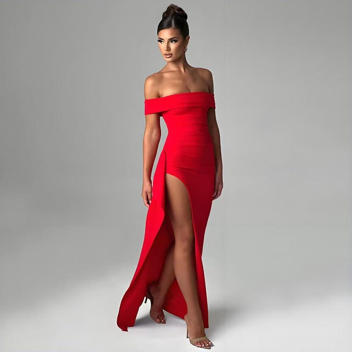 Damen Elegantes Off-Shoulder Maxi-Kleid mit hohem Schlitz Drune