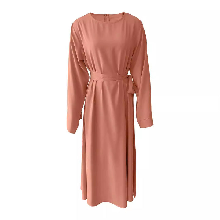 Damen Midi-Kleid mit elegantem Taillengürtel und langen Ärmeln Drune