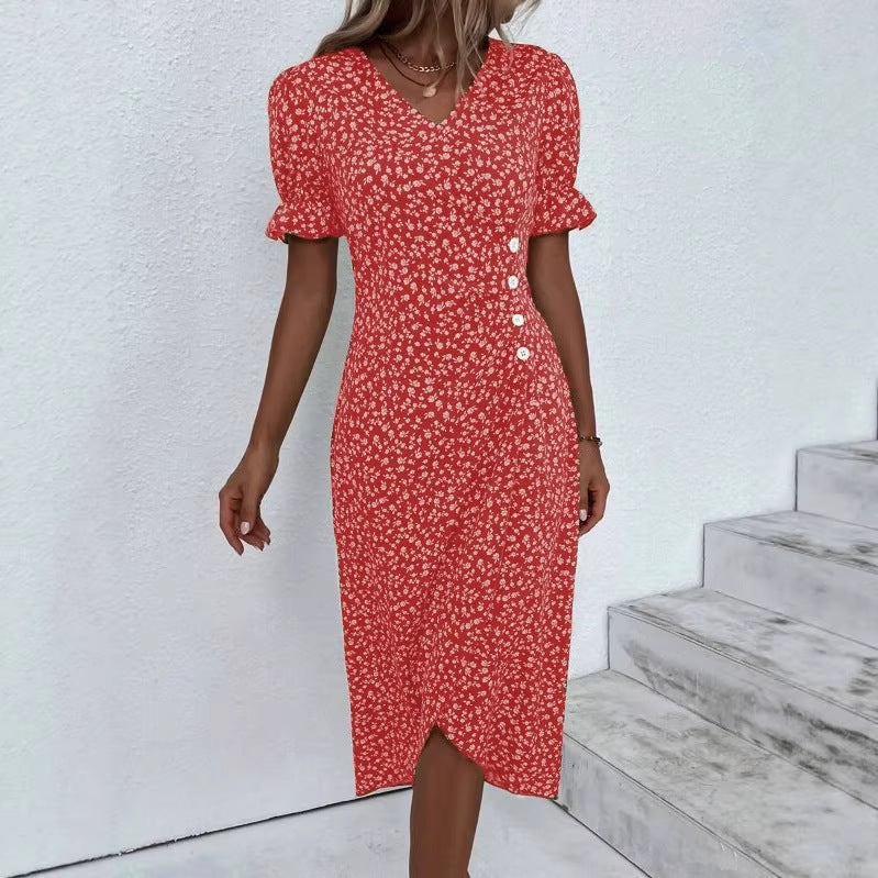 Damen Midikleid mit floralen Mustern und schmeichelndem V-Ausschnitt Drune