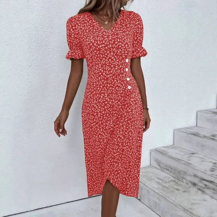 Damen Midikleid mit floralen Mustern und schmeichelndem V-Ausschnitt Drune
