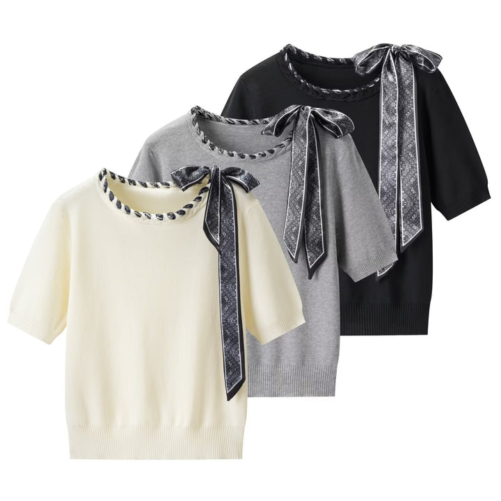 Damen Kurzarmpullover mit dekorativem Halsband und stylischem Schleifendetail Drune