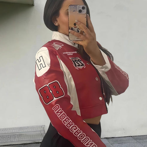 Damen trendige cropped Bikerjacke mit sportlichen Patches Drune