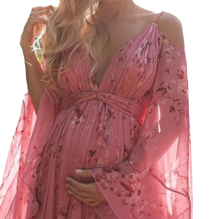 Damen Maxikleid mit eleganten Glockenärmeln und floralem Obermaterial Drune