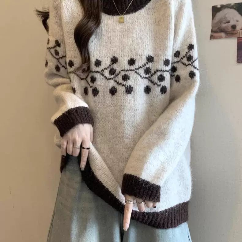 Damen Weicher Strickpullover mit floralem Muster und kontrastierenden Spitzen Drune