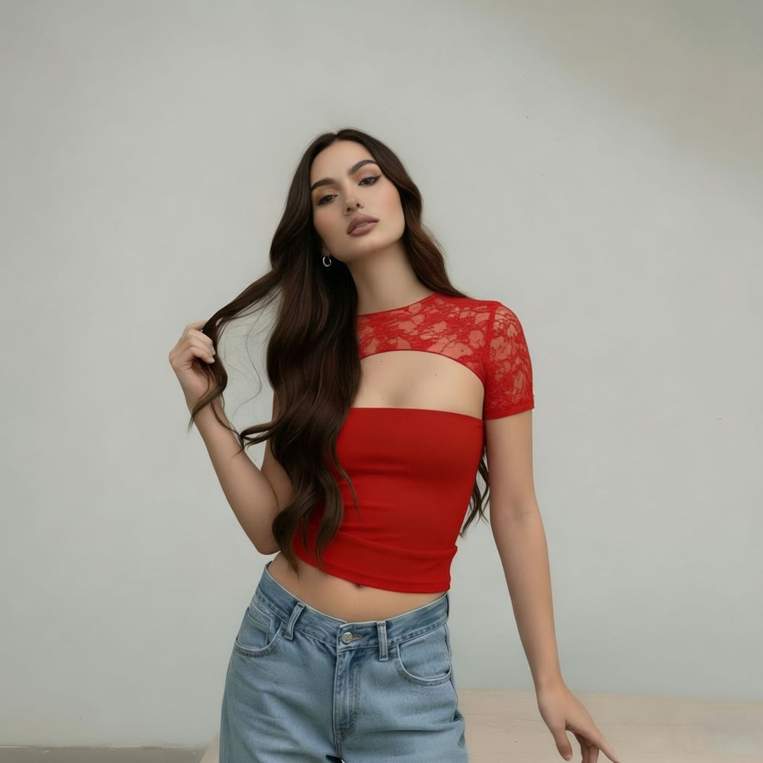 Damen Cropped Top mit Spitzenmuster und figurbetontem Schnitt Drune