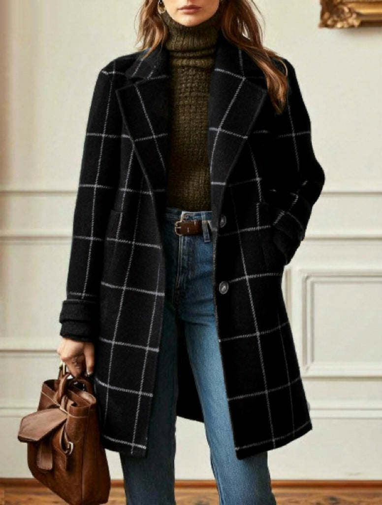 Damen nan karierter Wollmix Mantel mit Reverskragen, aufgesetzten Taschen und taillierter Silhouette Drune