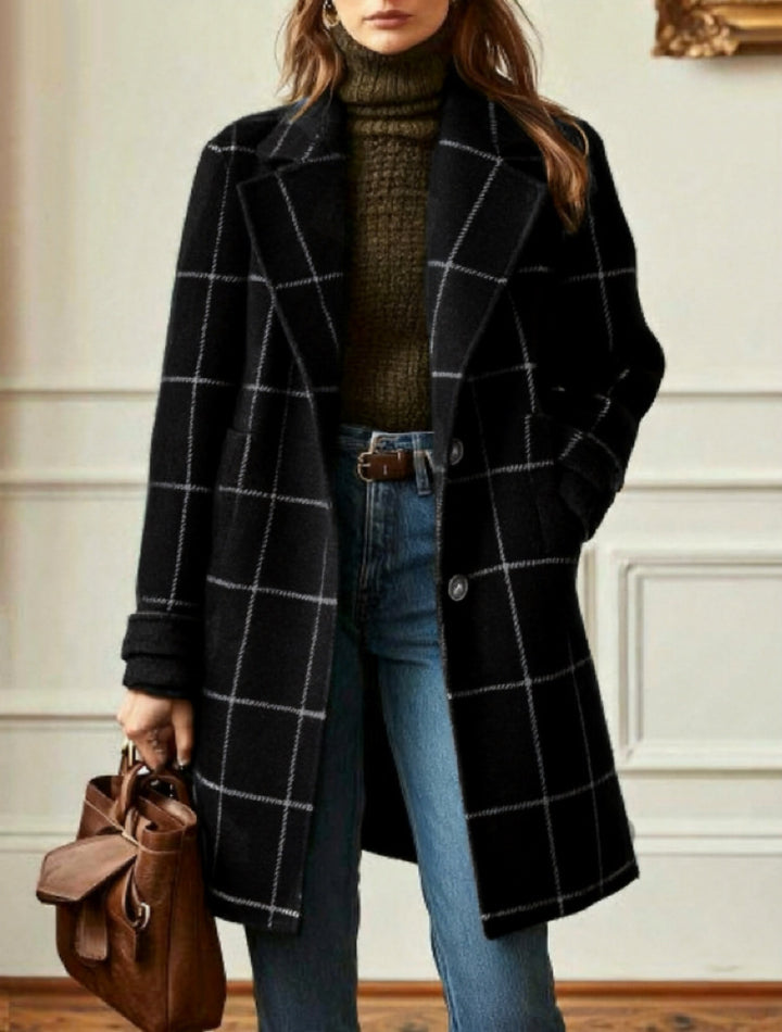Damen nan karierter Wollmix Mantel mit Reverskragen, aufgesetzten Taschen und taillierter Silhouette Drune