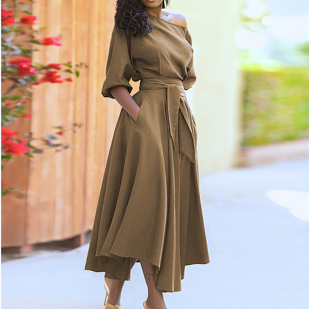 Damen Maxi-Kleid mit asymmetrischem Schnitt und modischen Taschen Drune