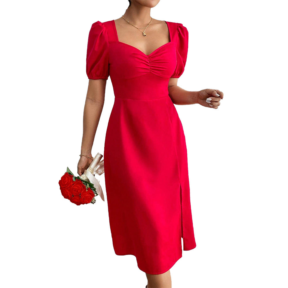 Damen Midi-Kleid mit Puffärmeln und schickem Seitenriss Drune