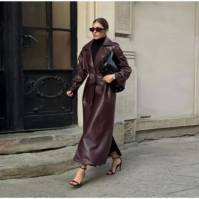 Damen Modischer Kunstleder-Trenchcoat mit Gürtel Drune