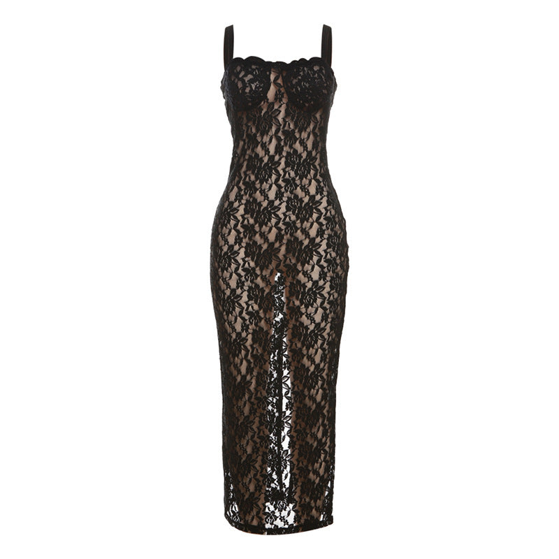 Damen Elegantes langes Spitzenkleid mit verführerischem Schlitz und Spaghettiträgern Drune