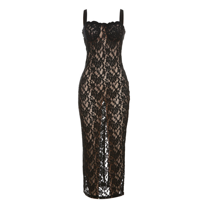 Damen Elegantes langes Spitzenkleid mit verführerischem Schlitz und Spaghettiträgern Drune