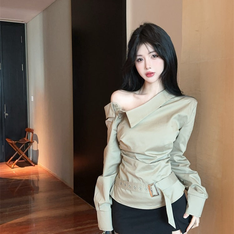 Damen elegantes Off-Shoulder Oberteil mit dekorativem Gürtel Drune