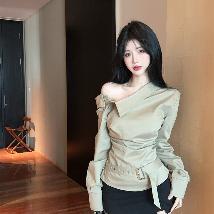 Damen elegantes Off-Shoulder Oberteil mit dekorativem Gürtel Drune