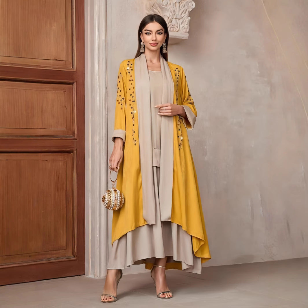 Damen Langarm-Kimono mit dekorativen Applikationen und asymmetrischem Saum Drune