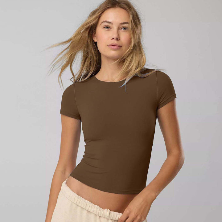 Damen figurbetontes Kurzarmshirt aus elastischem Baumwollmix mit Rundhalsausschnitt und nahtlosem Design Drune