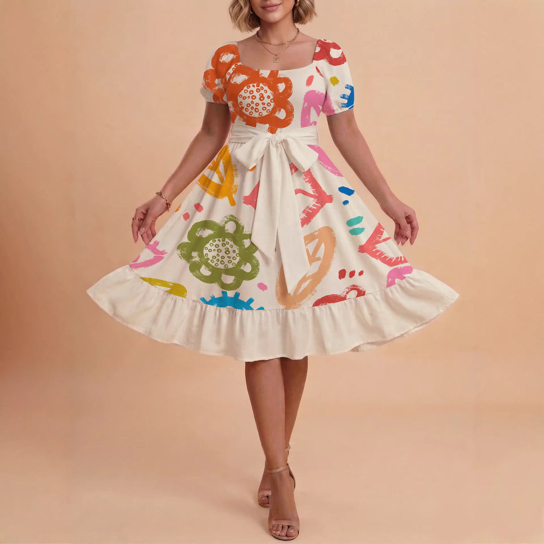 Damen Sommerkleid mit floralem Puffärmel und taillierbarem Gürtel Drune