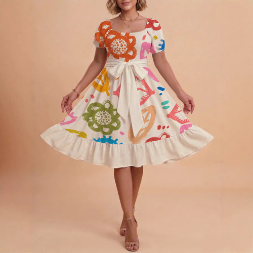 Damen Sommerkleid mit floralem Puffärmel und taillierbarem Gürtel Drune