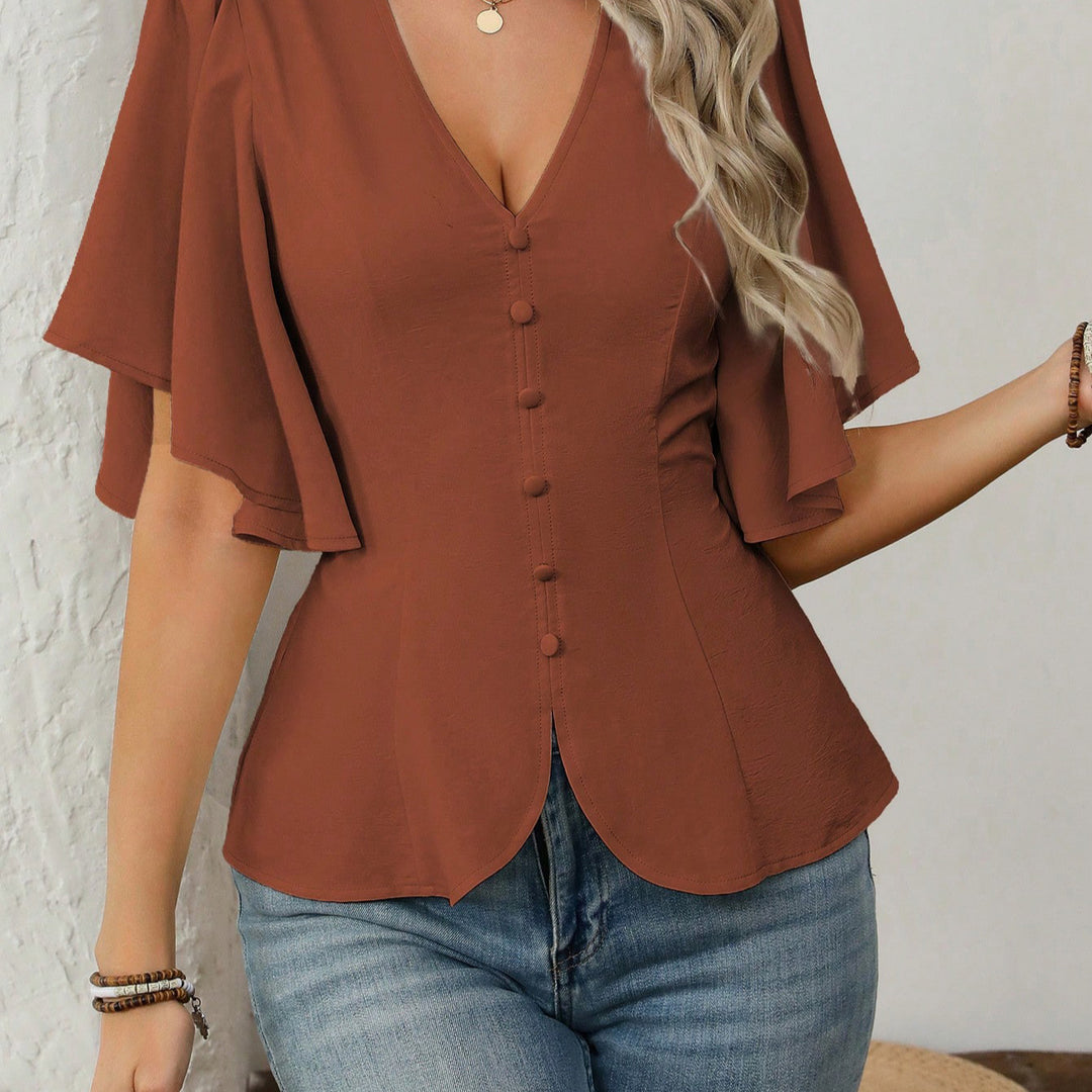 Damen elegante Bluse mit Glockenärmeln und Knopfdetail Drune