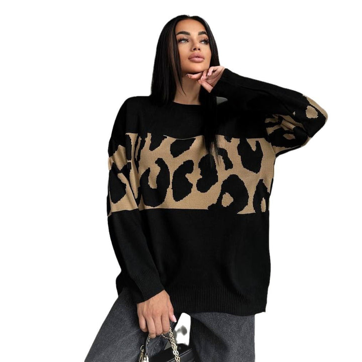 Damen Grobstrickpullover mit modischem Leopardenmuster Drune