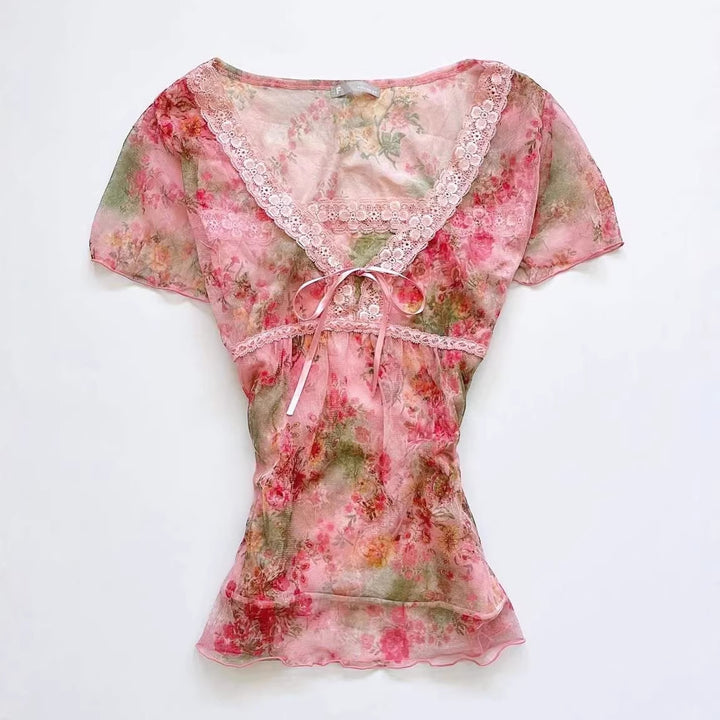 Damen florales Chiffon-Oberteil mit Spitzenakzenten Drune