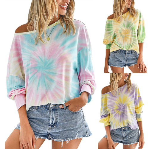 Damen lässiges Sweatshirt mit asymmetrischem Ausschnitt und modernem Tie-Dye-Design Drune