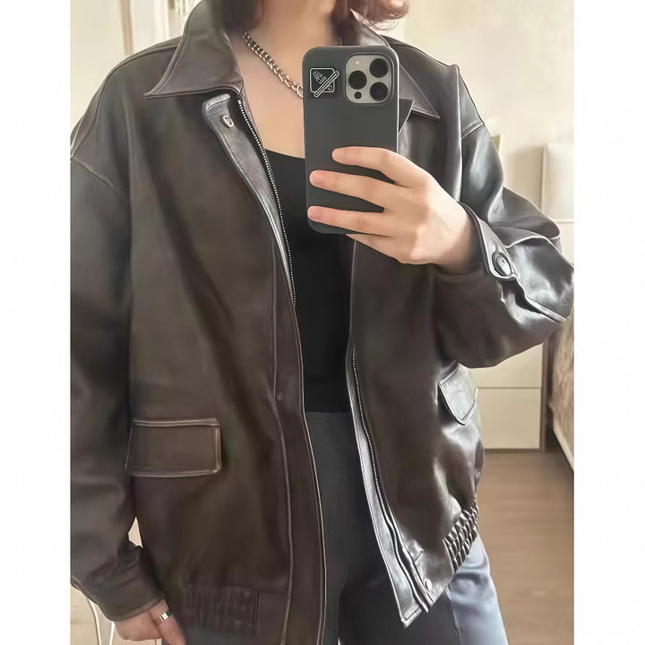 Damen modische oversized Lederjacke mit strukturiertem Design Drune