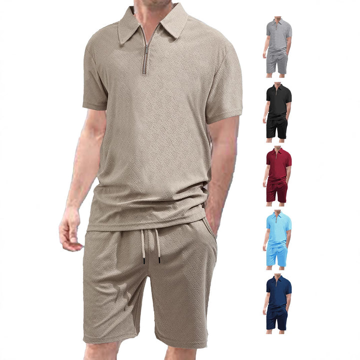 Herren nan komfortables Kurzarm-Halbzip-Set mit Polokragen und elastischer Kordelhose aus Strukturstrick Drune