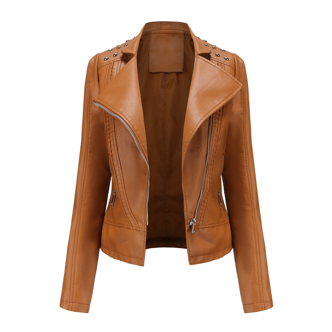 Damen nan taillierte Bikerjacke aus Kunstleder mit Nieten und asymmetrischem Reißverschluss Drune
