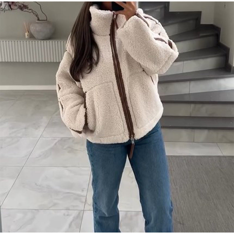 Damen gemütliche Teddy-Fleecejacke mit hohem Kragen und komfortablem Schnitt Drune