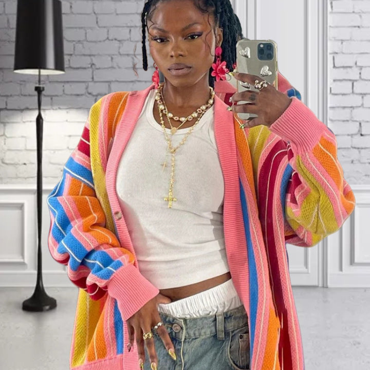 Damen Lässiger Strickcardigan mit buntem Streifenmuster und überschnittenen Ärmeln Drune