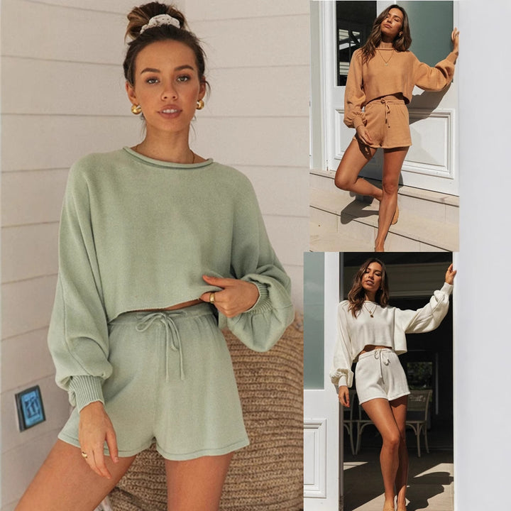 Damen lässiges Freizeit-Set mit cropped Pullover und Shorts Drune